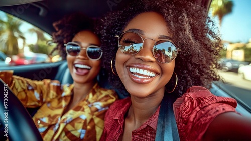 Smiling Friends on a Road Trip, Selfie, Sunglasses, Happy, Car, Travel, Friends