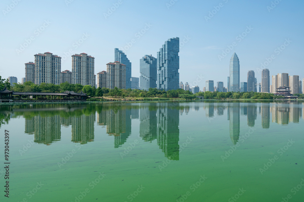 Shaoxing City Skyline and Wetland Park, Zhejiang Province, China Shaoxing City Skyline and Wetland Park, Zhejiang Province, China