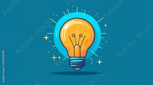 Bright yellow lightbulb with a blue halo surrounded by sparkling stars against a dark blue background.