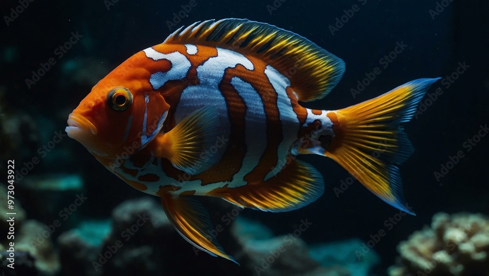 A close-up of an exotic fish in a dark aquarium, highlighting its vivid colors and detailed patterns against a shadowy backdrop. A close-up of an exotic fish in a dark aquarium, highlighting its vivid colors and detailed patterns against a shadowy backdrop.
