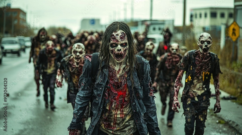 Naklejka premium The Undead Horde A Close-Up of a Zombie in a Bloody Jacket, Horror, Zombie, Apocalypse