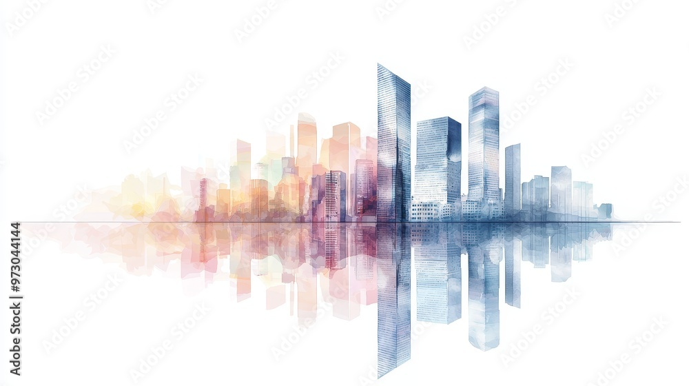 Fototapeta premium A sleek, modern skyscraper reflecting a vibrant cityscape