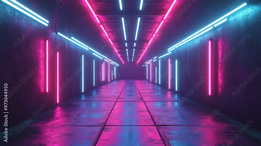 A futuristic hallway with glowing pink and blue neon lights. A futuristic hallway with glowing pink and blue neon lights.