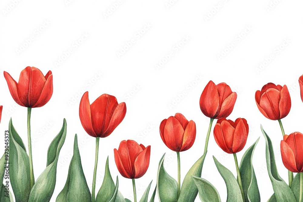 Capture a mesmerizing birds-eye view of a vibrant red tulip field under the golden sun, in stunning watercolor
