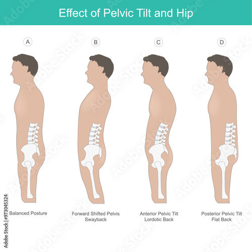 Effect of Pelvic Tilt and Hip. Comparison the pelvis bone and hips in the correct position human physiology.