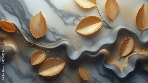 Liquid 3D wallpaper in gray and gold tones with leaves.