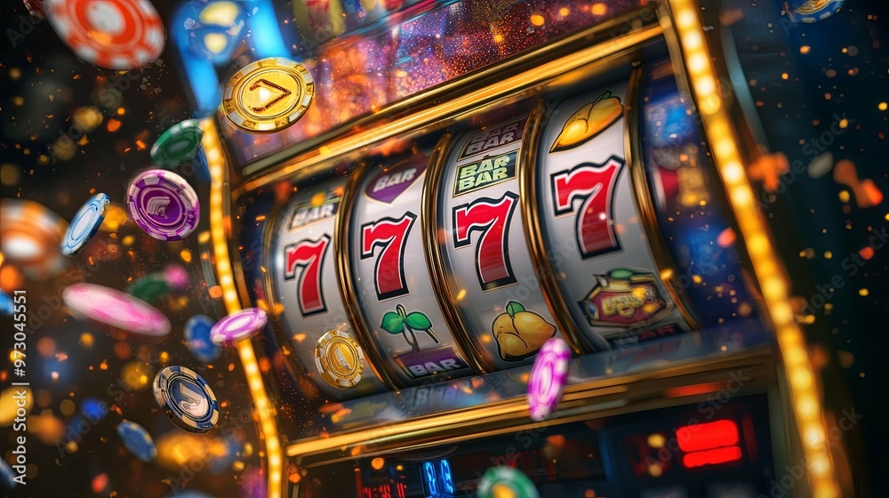 Slot Machine with Lucky Sevens and Falling Chips Slot Machine with Lucky Sevens and Falling Chips