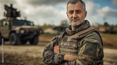 Confident Soldier in Camouflage with Military Vehicles at a Base, Western European Male, Army Defense, Tactical Gear photo