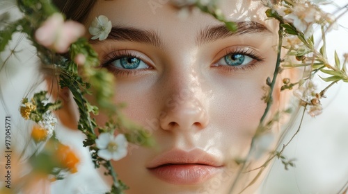 Close-up portrait of a young woman with blue eyes, looking at the camera, surrounded by flowers.