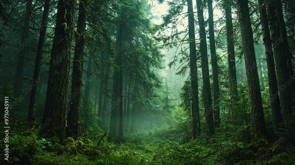 Obraz premium A dense green forest with towering trees, mysterious and inviting