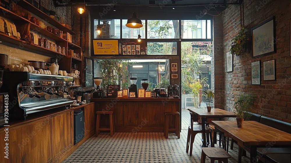 Coffee Shop Interior with Espresso Machine and Rustic Decor Coffee Shop Interior with Espresso Machine and Rustic Decor