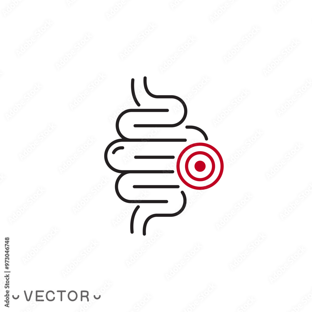 intestinal inflammation icon, abdominal pain, constipation, not healthy digestive tract, gut appendicitis, thin line symbol isolated on white background, editable stroke eps 10 vector illustration intestinal inflammation icon, abdominal pain, constipation, not healthy digestive tract, gut appendicitis, thin line symbol isolated on white background, editable stroke eps 10 vector illustration