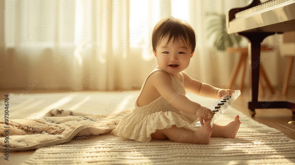 Fototapeta premium asian child baby girl is sitting on the puffy rug in the kid playroom learning to play music instrument 