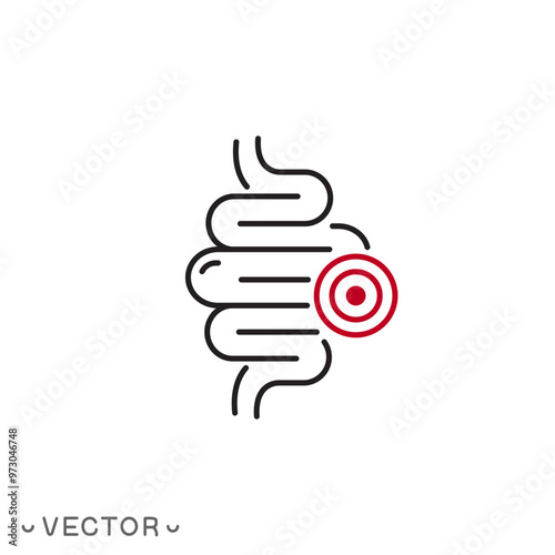 intestinal inflammation icon, abdominal pain, constipation, not healthy digestive tract, gut appendicitis, thin line symbol isolated on white background, editable stroke eps 10 vector illustration