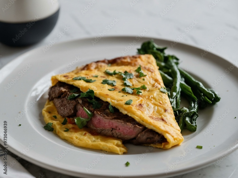 A top-angle view of a steak omelet recipe on a clean white table in a kitchen, shot with a Fujifilm camera at an aperture of 2.0. A top-angle view of a steak omelet recipe on a clean white table in a kitchen, shot with a Fujifilm camera at an aperture of 2.0.