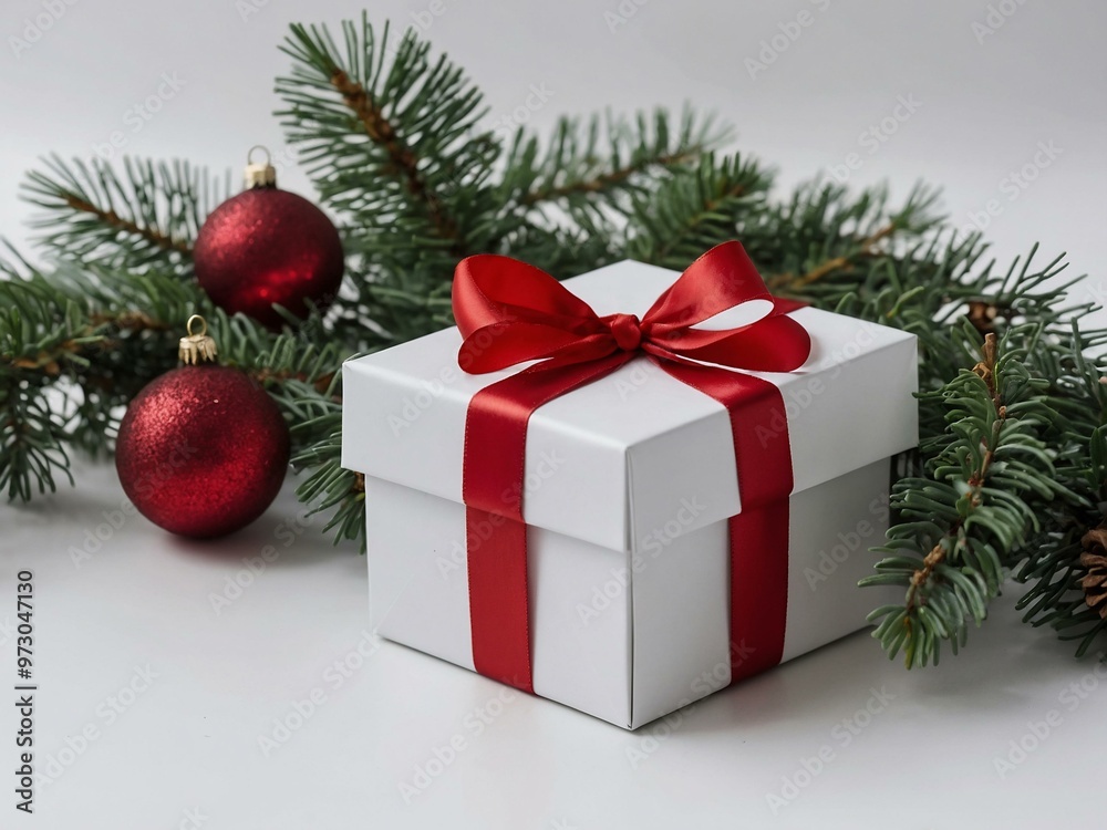 A white gift box with a red ribbon, accompanied by a spruce branch and festive decorations, presented on a white background with space for text. A white gift box with a red ribbon, accompanied by a spruce branch and festive decorations, presented on a white background with space for text.