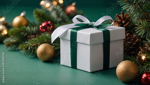 A white gift box tied with a ribbon, accompanied by Christmas decorations and fir branches on a green background, perfect for seasonal greetings.