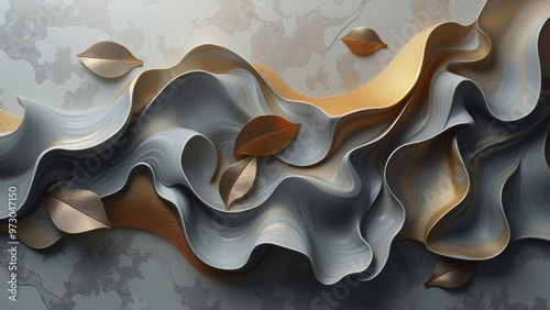Liquid 3D wallpaper in gray and gold tones with leaves.