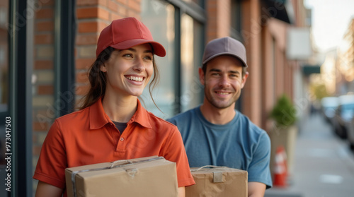 Smiling Delivery Worker Handing Packages | Authentic Logistics and Shipping Photo for Businesses