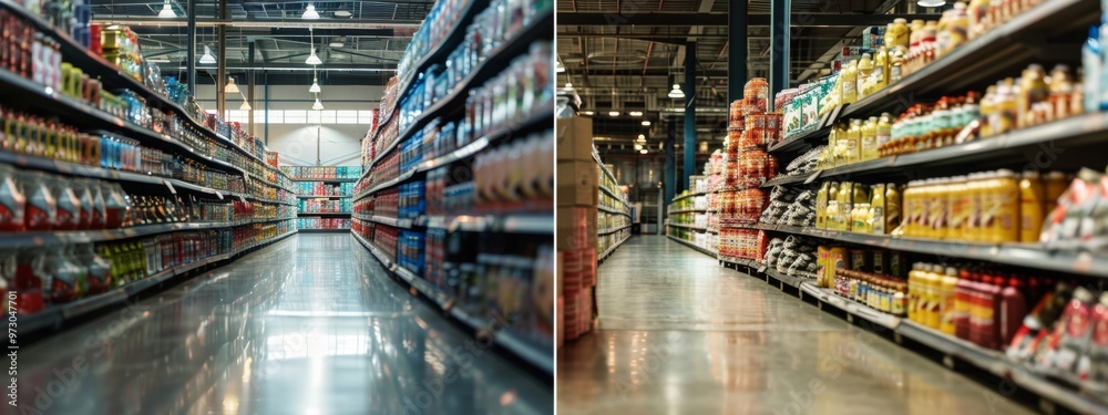 Wide grocery store aisle filled with products and vibrant lighting Wide grocery store aisle filled with products and vibrant lighting