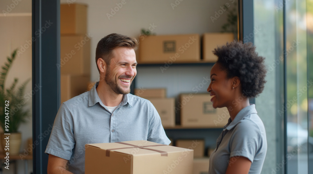 Smiling Delivery Worker Handing Packages | Authentic Logistics and Shipping Photo for Businesses Smiling Delivery Worker Handing Packages | Authentic Logistics and Shipping Photo for Businesses