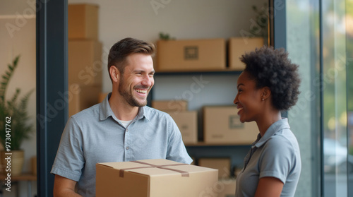 Smiling Delivery Worker Handing Packages | Authentic Logistics and Shipping Photo for Businesses