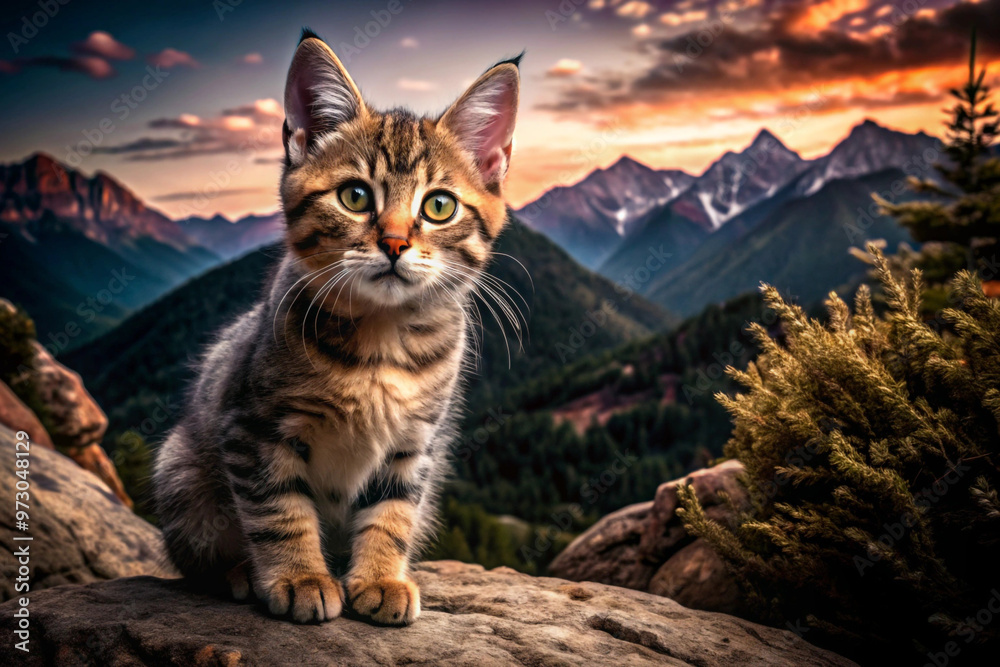 Tabby Kitten Perched on Mountaintop at Sunset Tabby Kitten Perched on Mountaintop at Sunset