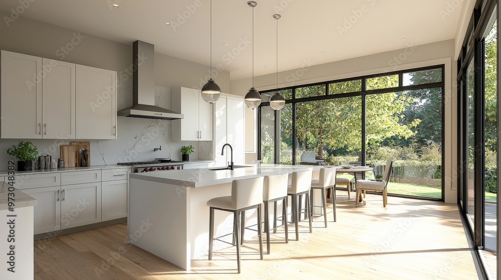 Bright kitchen design featuring large windows and an island Bright kitchen design featuring large windows and an island