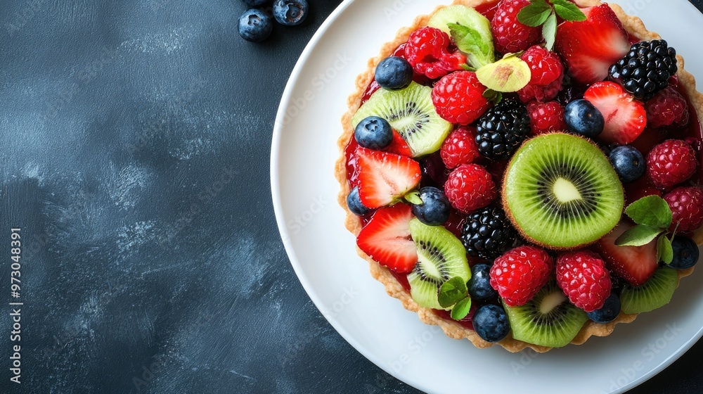 A beautifully arranged fruit tart topped with an assortment of berries and kiwi slices, set on a white plate. A beautifully arranged fruit tart topped with an assortment of berries and kiwi slices, set on a white plate.