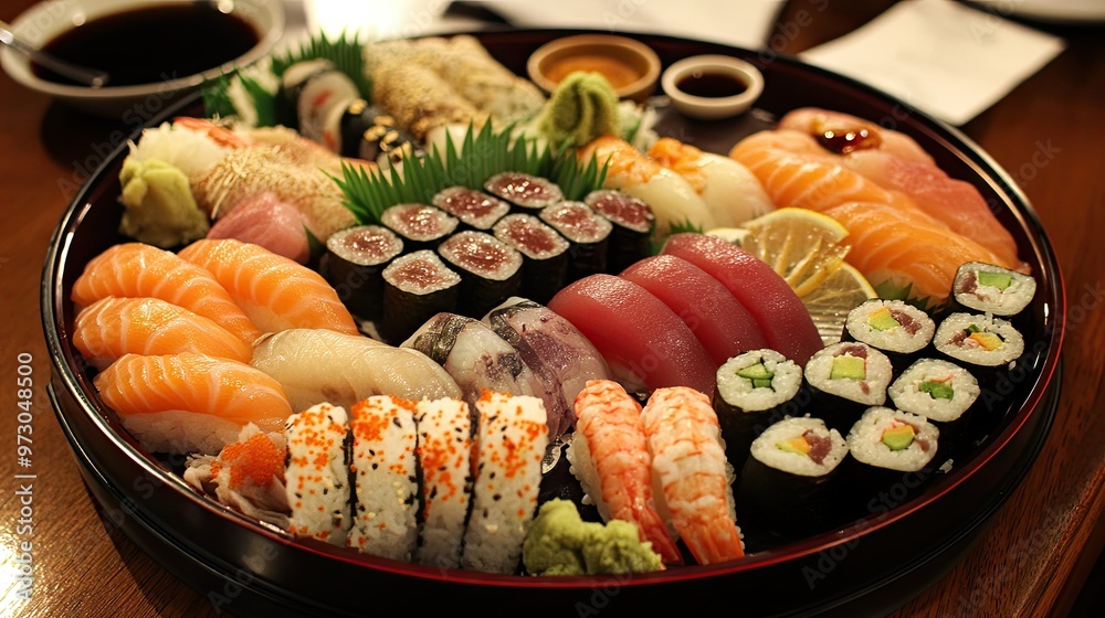 A beautifully arranged platter of fresh sushi with a variety of nigiri, maki, and sashimi, served with wasabi and soy sauce.