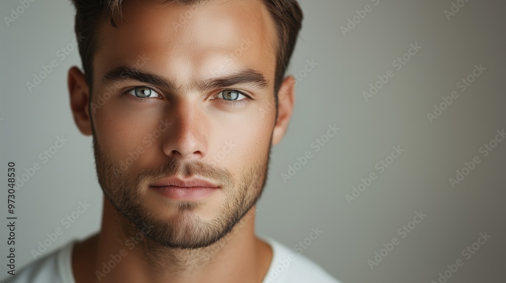 A young man poses against a neutral backdrop with a confident expression and captivating green eyes in a casual white t-shirt A young man poses against a neutral backdrop with a confident expression and captivating green eyes in a casual white t-shirt