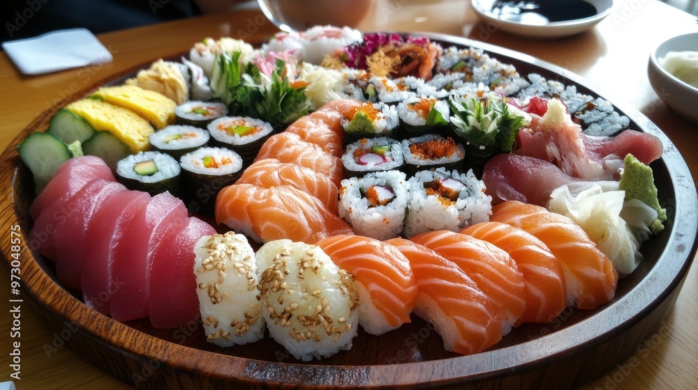 A beautifully arranged platter of fresh sushi with a variety of nigiri, maki, and sashimi, served with wasabi and soy sauce. A beautifully arranged platter of fresh sushi with a variety of nigiri, maki, and sashimi, served with wasabi and soy sauce.