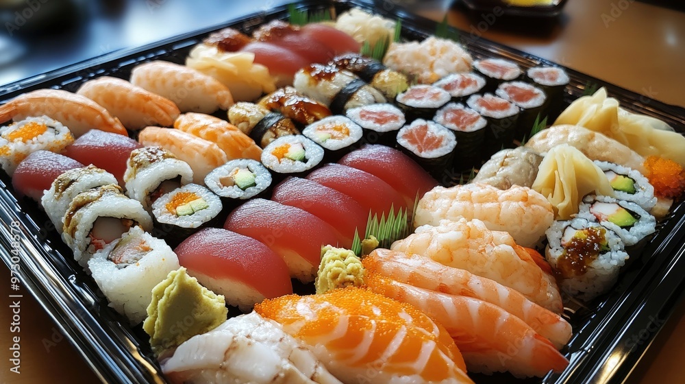 A beautifully arranged platter of fresh sushi with a variety of nigiri, maki, and sashimi, served with wasabi and soy sauce. A beautifully arranged platter of fresh sushi with a variety of nigiri, maki, and sashimi, served with wasabi and soy sauce.