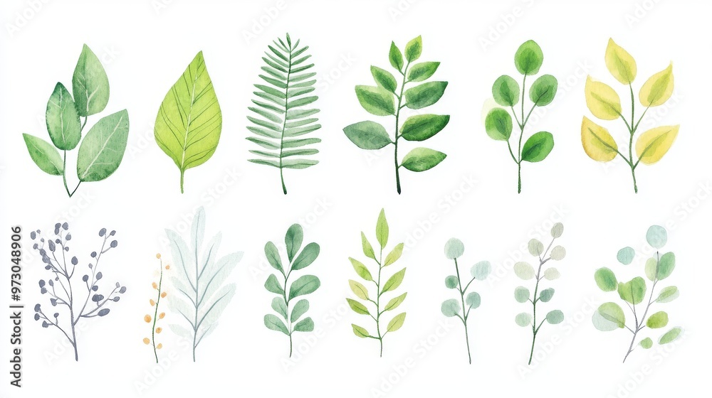 A collection of beautiful botanical leaves in various shades of green, perfect for nature-themed art and design projects.