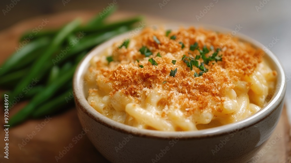 A bowl of creamy mac and cheese topped with crispy breadcrumbs and served with a side of green beans. A bowl of creamy mac and cheese topped with crispy breadcrumbs and served with a side of green beans.