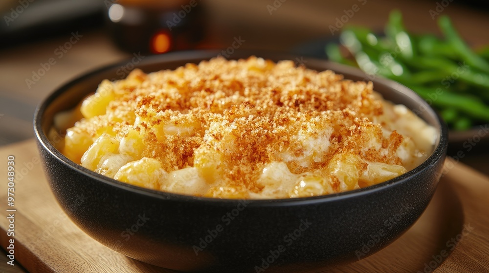 A bowl of creamy mac and cheese topped with crispy breadcrumbs and served with a side of green beans. A bowl of creamy mac and cheese topped with crispy breadcrumbs and served with a side of green beans.