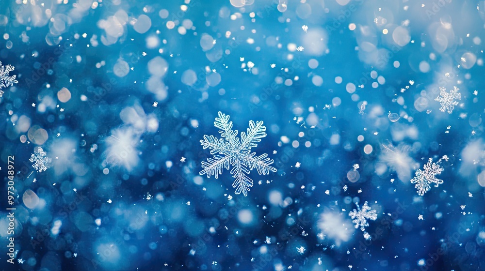 Tiny snowflakes settling on a vibrant blue background, their intricate designs sharply contrasting with the cool backdrop Tiny snowflakes settling on a vibrant blue background, their intricate designs sharply contrasting with the cool backdrop