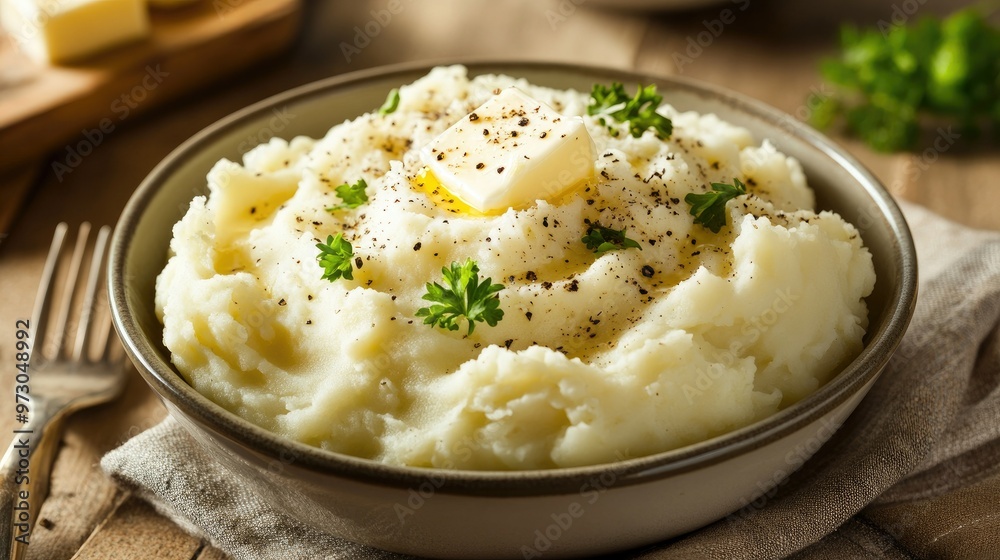 A bowl of creamy mashed potatoes topped with a pat of butter and freshly ground black pepper. A bowl of creamy mashed potatoes topped with a pat of butter and freshly ground black pepper.