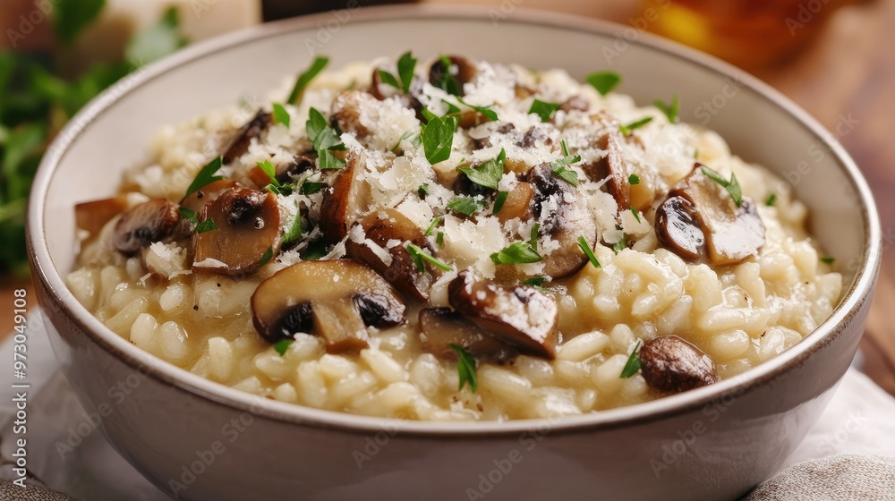 A bowl of creamy risotto with wild mushrooms and Parmesan cheese, garnished with fresh parsley. A bowl of creamy risotto with wild mushrooms and Parmesan cheese, garnished with fresh parsley.