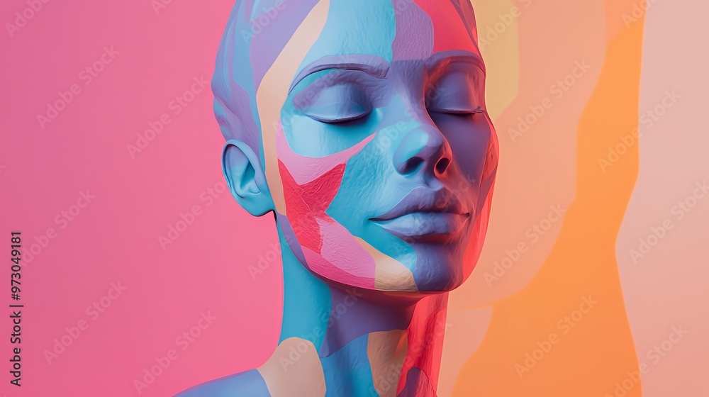 Colorful 3D render of a woman's face with closed eyes. Colorful 3D render of a woman's face with closed eyes.