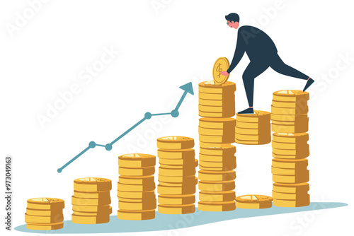 Businessman stacking coins to measure profit growth. Financial planning, income strategy, and revenue management for business success.