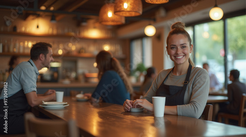 Smiling Restaurant Staff and Chef in Modern Cafe - Welcoming Hospitality Worker and Chef Photo for Business, Marketing, and Social Media