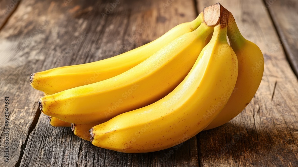 A bunch of fresh bananas with their bright yellow skin, arranged on a wooden table.