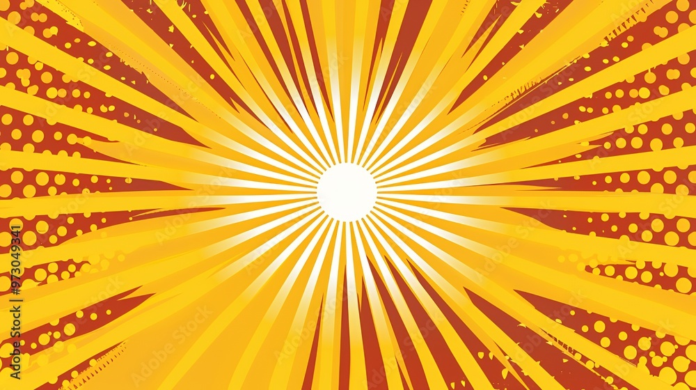 Fototapeta premium Bright yellow and orange comic book style sunburst background with radial rays and halftone dot patterns radiating from a central light source.