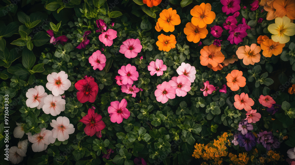 From above, a field of vibrant geraniums in various bright colors forms a cheerful and welcoming floral landscape.