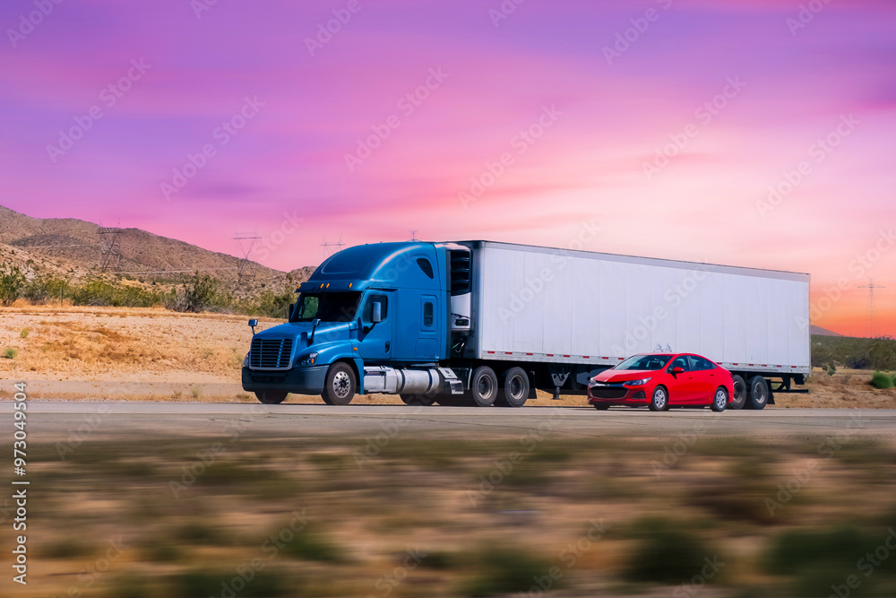 Semi truck on highway hauling freight. Semi truck on highway hauling freight.