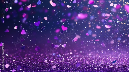 Purple glitter hearts and confetti falling on a sparkly purple background.
