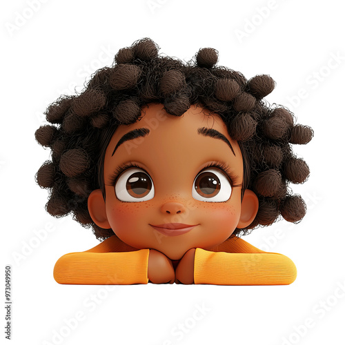 A cheerful cartoon girl with curly hair, resting her chin on her hands, showcasing joy and curiosity in vibrant colors.