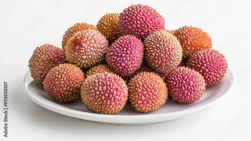 A bunch of fresh lychees with their pink, spiky shells, arranged on a white plate. A bunch of fresh lychees with their pink, spiky shells, arranged on a white plate.