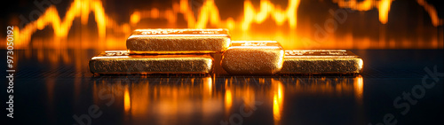 Financial Success: Shiny Gold Bars Stacked with Market Chart Reflections, Wealth and Investment Concept photo